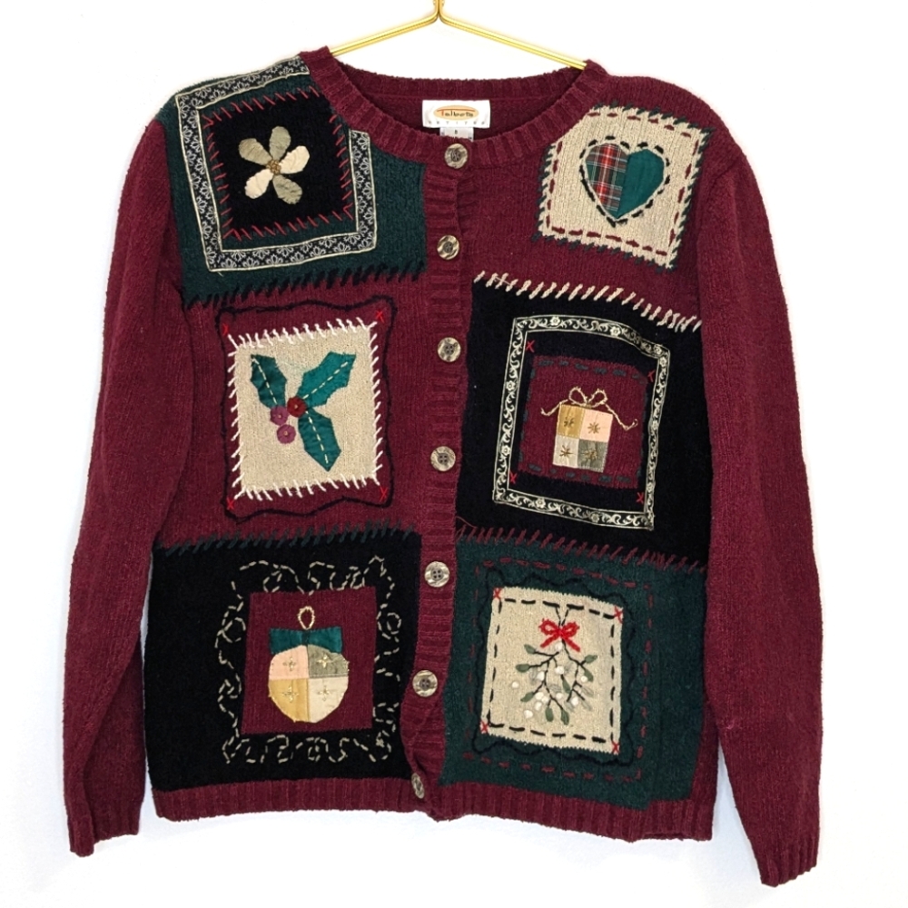 Vintage Talbots Petite Size 8 Silk Button Front‎ Christmas Holiday Cardigan